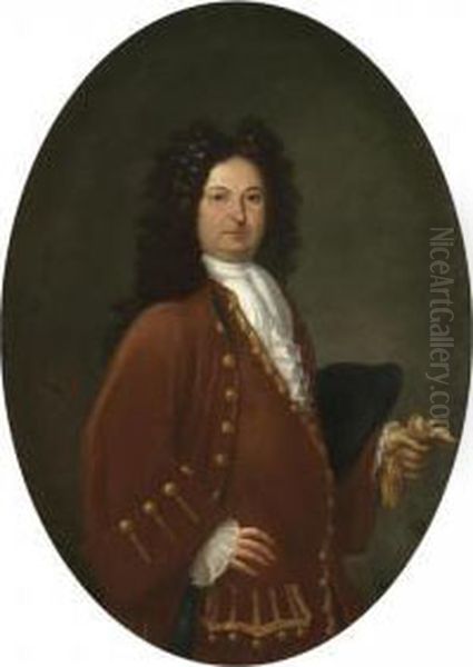 Portrait Of A Gentleman, Half Length, Wearing A Maroon Coat And Holding A Glove Oil Painting by Sebastiano Bombelli