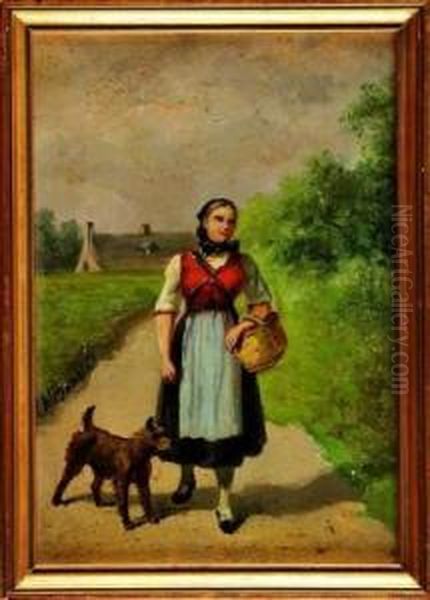 Paysanne Avec Son Chien Oil Painting by Charles Bombled