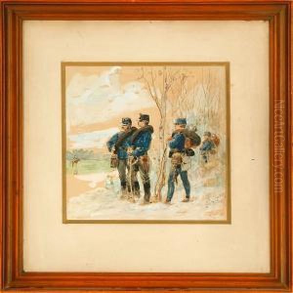 Frenchsoldiers In The Edge Of A Forrest Oil Painting by Charles Bombled