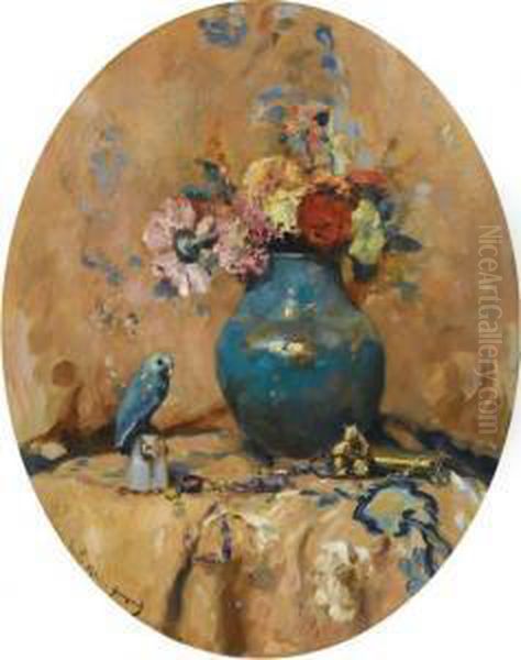 Fleurs Dans Un Vase Avec Une Perruche Oil Painting by Maurice Bompard