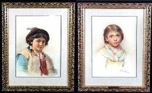 A Portrait Of A Young Boy In A 
Cap; Also A Companion Portrait Of A Young Girl With A Scarf Around Her 
Neck (a Pair) Oil Painting by Augusto Bompiani