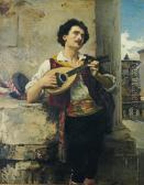 A Mandolin Player Oil Painting by Roberto Bompiani