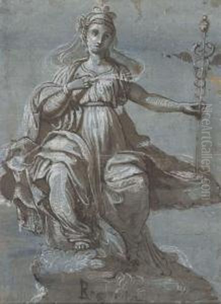 An Allegory Of Rhetoric Holding A Caduceus Oil Painting by Perino del Vaga (Pietro Bonaccors)