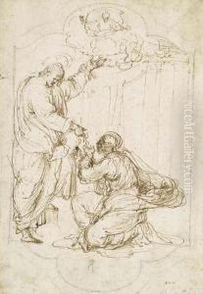 Christ Handing The Keys To Saint Peter, God The Father Above:design For An Embroidery Oil Painting by Perino del Vaga (Pietro Bonaccors)