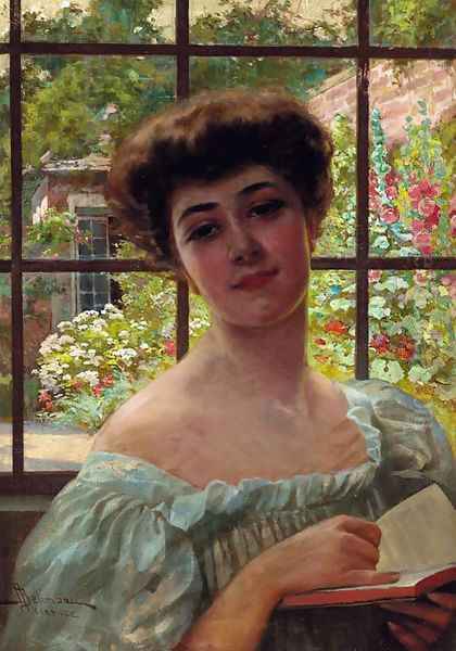 Portrait of a lady, bust length, in a white summer dress holding an open book Oil Painting by Adolfo Belimbau