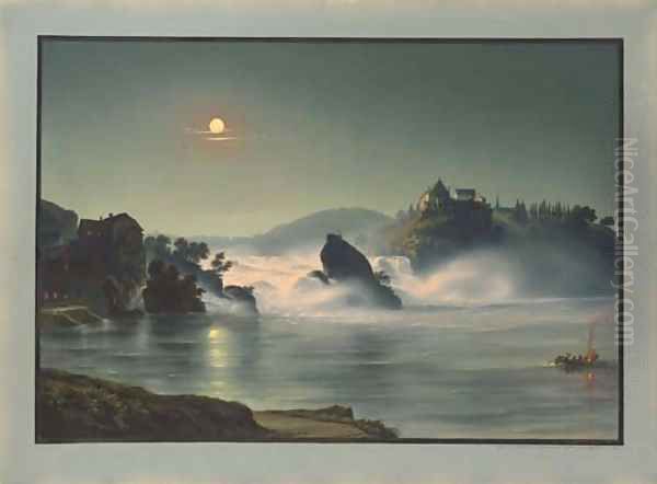 The Falls at Schauffhausen at night, the Castle of Laufen in the background Oil Painting by Ludwig Bleuler