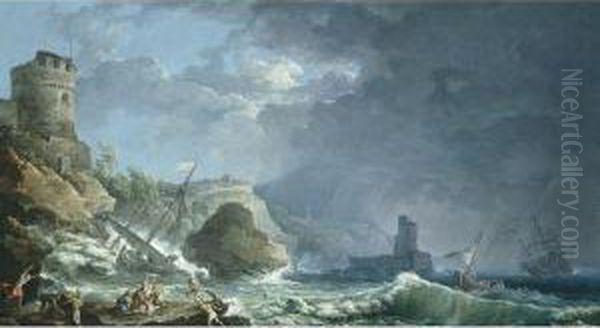 A Storm Off A Rocky Coast Oil Painting by Carlo Bonavia