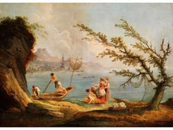 Fischer Und Frauen Am Ufer Der Bucht Vongenua Oil Painting by Carlo Bonavia