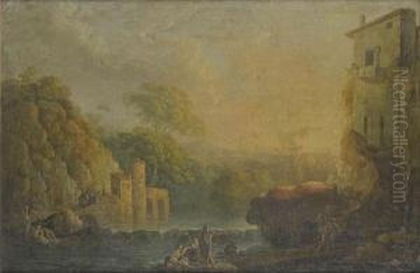 A River Landscape With Figures Resting Onrocks Before A Waterfall Oil Painting by Carlo Bonavia