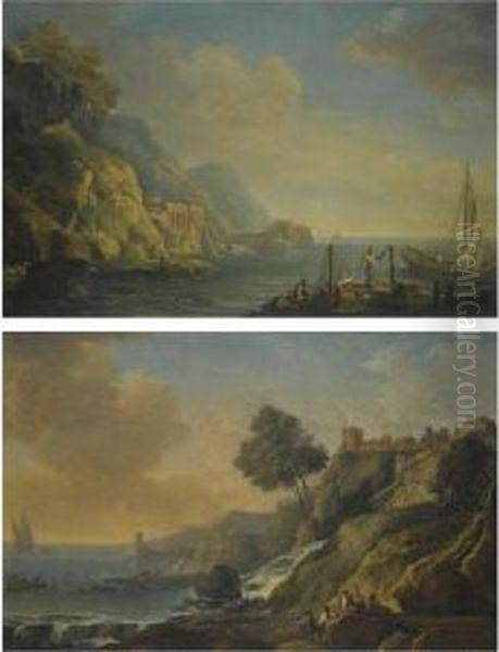 A Mediterranean Coastal Landscape With Fishermen Mending Theirnets Oil Painting by Carlo Bonavia