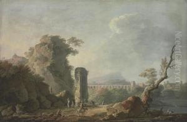 An Italianate Landscape With Figures On A River Bank Oil Painting by Carlo Bonavia