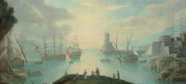 An Italianate Coastal Landscape 
With Figures In The Foreground, Shipping And A Town Beyond Oil Painting by Carlo Bonavia