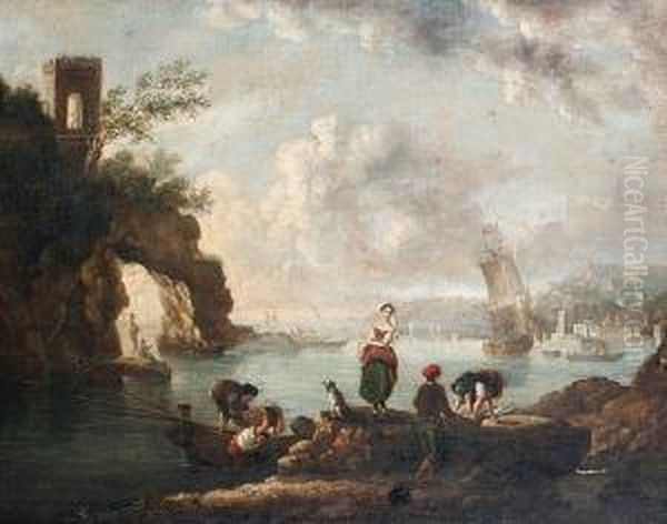 An Italianate Landscape, With Fishermen Working On A Shore And A City In The Distance Oil Painting by Carlo Bonavia