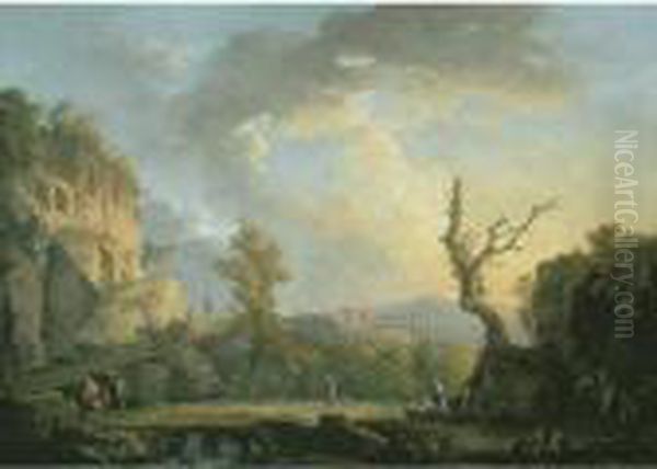 An Italian River Landscape With 
Ruins, Travellers And A Roman Aqueduct, Possibly The Ponte De Maddaloni,
 Naples Oil Painting by Carlo Bonavia