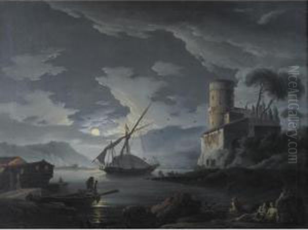 A Mediterranean Harbor By Moonlight Oil Painting by Carlo Bonavia