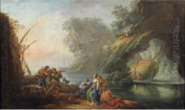 Un Paysage Mediteraneen Avec Des
 Personages En Avant Plan [circle Of Carlo Bonavia; A Mediteranean 
Lanscape With Figures In The Foreground; Oil On Canvas.] Oil Painting by Carlo Bonavia