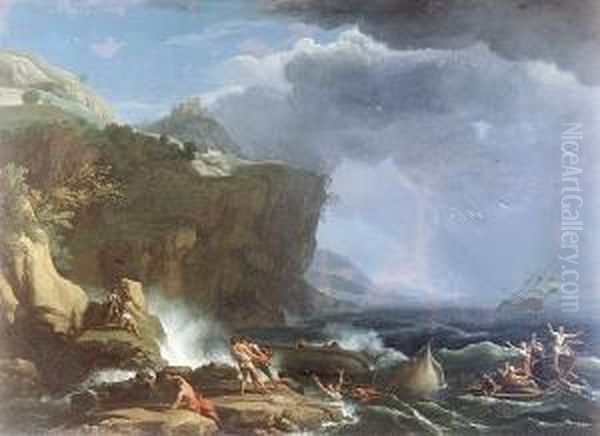 A Rocky Coastline In A Storm With Figures Rowing To Safety From A Shipwreck Oil Painting by Carlo Bonavia