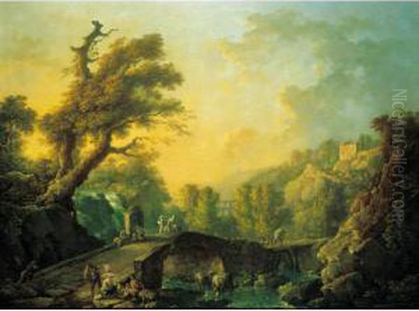 A River Landscape With Herders And Travellers Crossing A Bridge Oil Painting by Carlo Bonavia