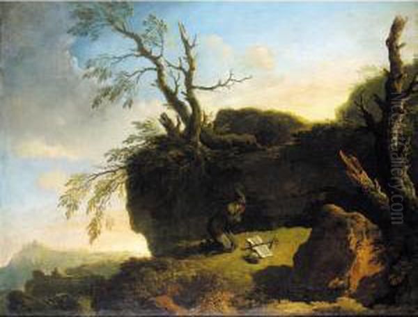 A Praying Hermit In A Landscape Oil Painting by Carlo Bonavia