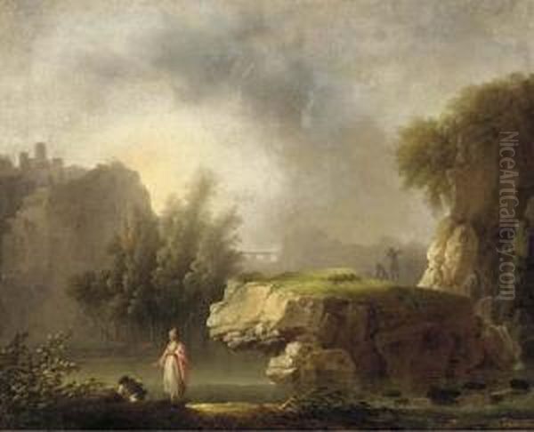 A Rocky River Landscape With Classical Figures In Theforeground Oil Painting by Carlo Bonavia