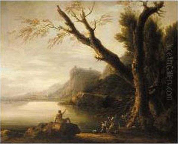 Landscape With Fishermen Beside A Lake Oil Painting by Carlo Bonavia