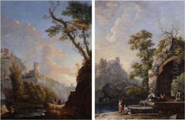 Landscape With Washerwomen By A 
Fountain And A Riverscape With Fishermen: A Pair Of Paintings Oil Painting by Carlo Bonavia