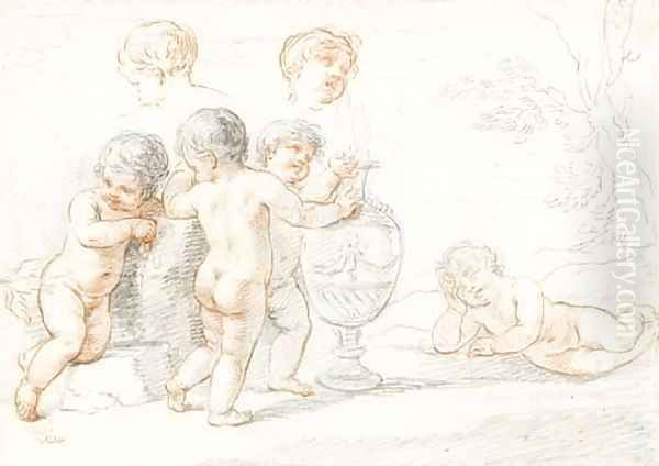 Putti playing around an urn Oil Painting by Francesco Bartolozzi