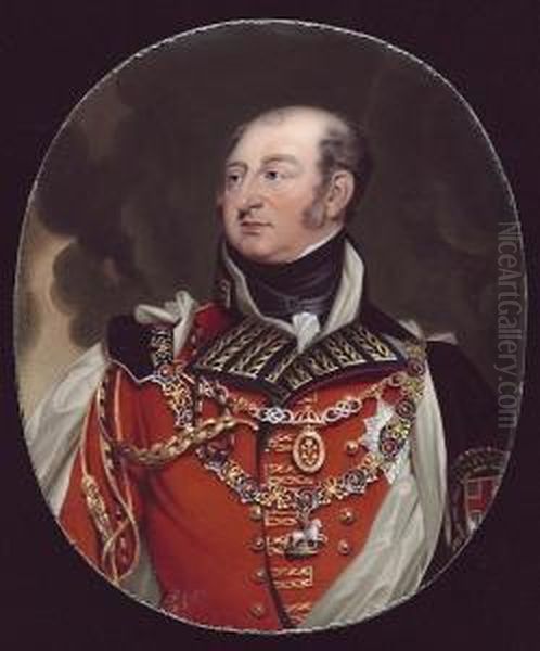 Frederick, Duke Of York And 
Albany (1763-1827), Wearing Field Marshal's Scarlet Uniform, White Silk 
Lined Black Velvet Mantle, Collar And Breast Star Of The Order Of The 
Garter And Collar Of The Order Of The Bath Oil Painting by Henry Bone