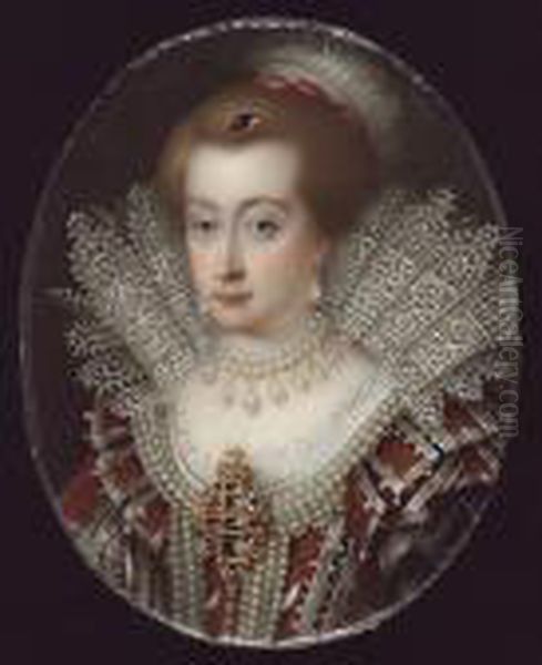 Anne Of Denmark (1574-1619), 
Queen Consort, Wearing Red-brown Dress Trimmed With White Silk And 
Pearls, Large Jewelled Brooch At Her Corsage, Pearl Necklace, Pendant 
Pearl Earrings, Standing White Lace Collar, Jewel, Cerise Ribbon And 
White Plume  Oil Painting by Henry Pierce Bone