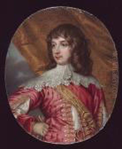 William Russell, 1st Duke And 
5th Earl Of Bedford (1613-1700), Wearing Pink Doublet Slashed To Reveal 
White, Wide White Lace Collar, Gold Sword Belt Across His Chest, 
Embroidered Curtain Background Oil Painting by Henry Pierce Bone