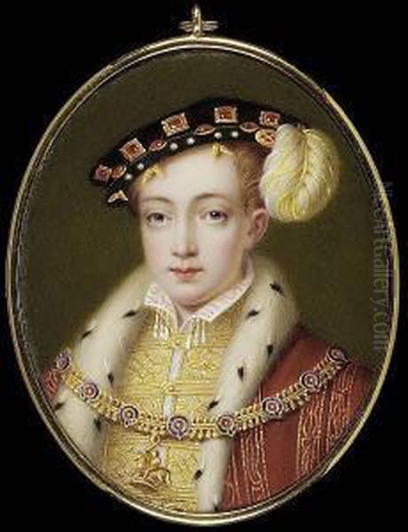 Edward Vi (1537-53), Wearing 
Ermine Trimmed Gold Figured Red Robes Over Gold Figured Waistcoat And 
White Collar With Tassels, Black Hat Set With Rubies And Pearls And With
 A White Plume And Order Of The Garter Collar Oil Painting by Henry Pierce Bone