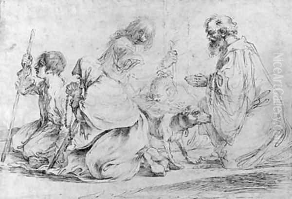 Two figures praying with beggars and a dog, after Guercino Oil Painting by Francesco Bartolozzi