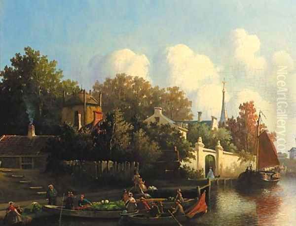 A village scene Merchants in rowing boats Oil Painting by Joseph Bles