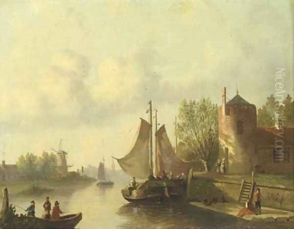 Shipping on a calm river Oil Painting by Joseph Bles