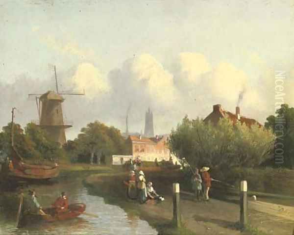 A busy canal near a Dutch town Oil Painting by Joseph Bles