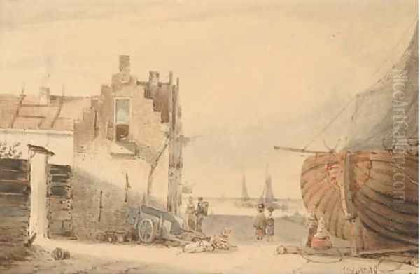 Figures by a house on the beach Oil Painting by Joseph Bles