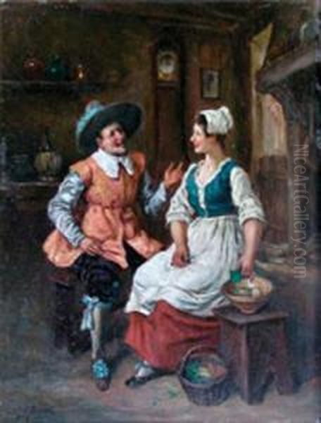 Conversation Galante Aupres De L'atre. Oil Painting by Gaston Bonfils