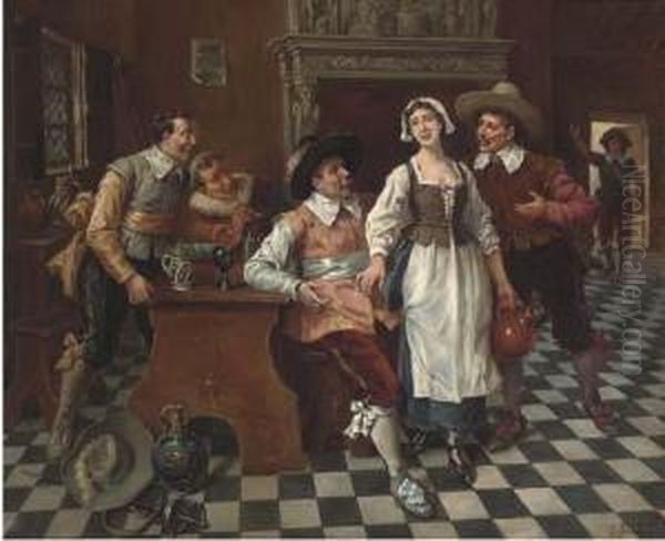 Merrymaking In A Tavern Oil Painting by Gaston Bonfils