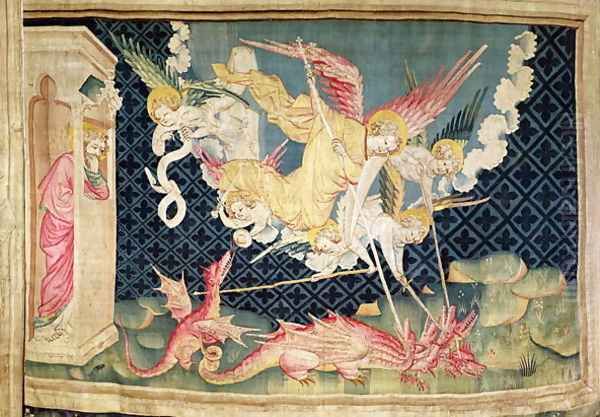 St. Michael and his angels fighting the dragon, no.36 from 'The Apocalypse of Angers' 1373-87 Oil Painting by Nicolas Bataille