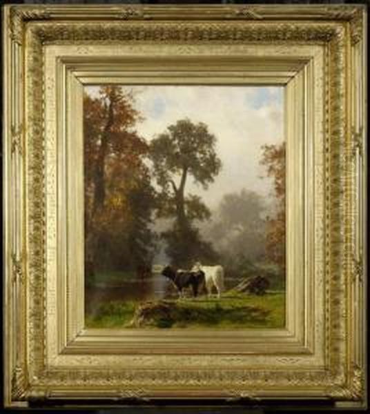 Landscape With A Forest And Cows On The Waterside Oil Painting by Auguste Bonheur