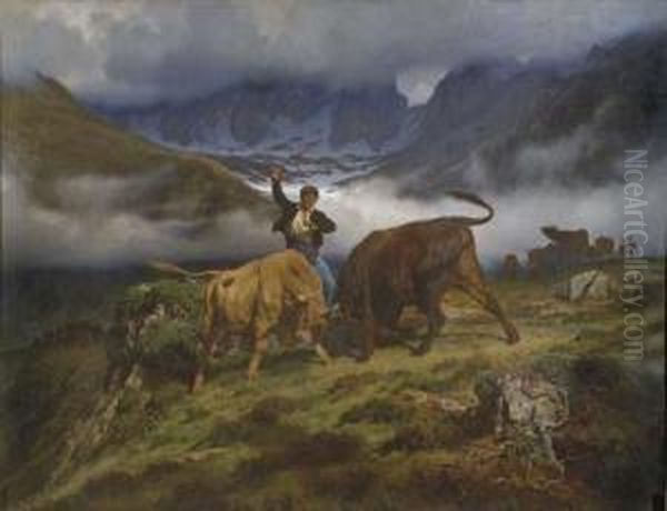 Le Combat, Souvenir Des Pyrenees Oil Painting by Auguste Bonheur