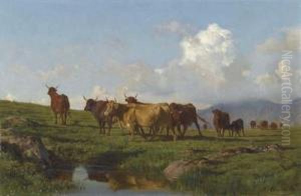 Cattle On A Meadow. Oil Painting by Auguste Bonheur