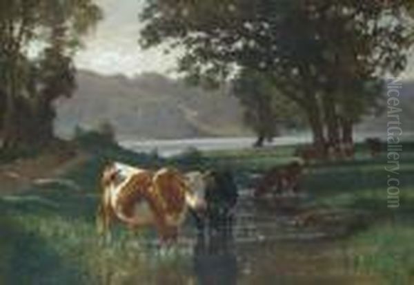 Cattle Watering Oil Painting by Auguste Bonheur