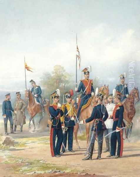 Group of Officers, Standard Bearers and Trumpeter from Their Majesties Lifeguards Uhlan Regiments Oil Painting by Piotr Ivanovich Balashov