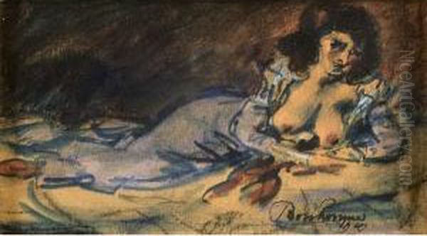 Femme Allongee A La Robe Bleue Oil Painting by Leon Bonhomme