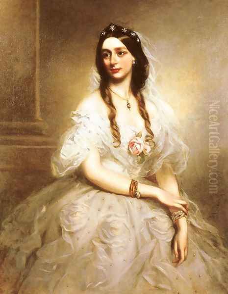 Portrait of Mrs C.W.Stoughton, three-quarter length, wearing a white dress Oil Painting by Richard Buckner