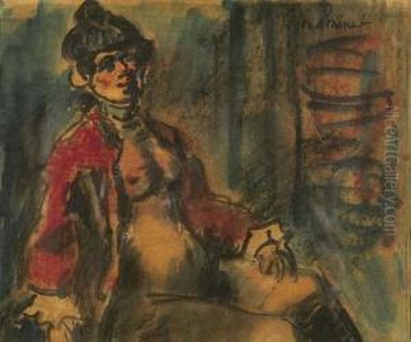 Femme Au Peignoir Rouge Oil Painting by Leon Bonhomme