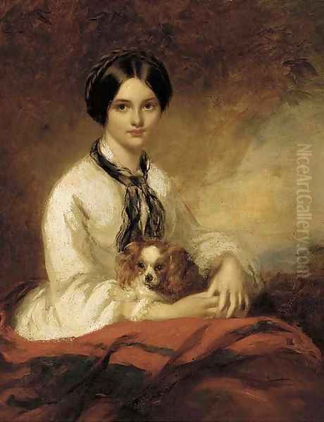 Portrait of Lady Fletcher, nee Agnes Wilson, seated half-length, in a white blouse, with a spaniel in her arms Oil Painting by Richard Buckner