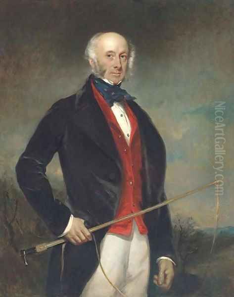 Portrait of Sir Charles Morgan Robinson Morgan, 1st Baron Tredegar, three-quarter-length, in a black coat and red waistcoat, holding a riding crop Oil Painting by Richard Buckner