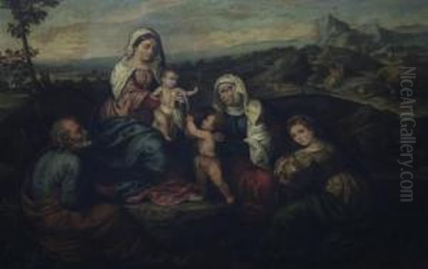 Jesus And Mary With Saints Joseph, John, Elizabeth Andcatherine Oil Painting by Bonifacio Veronese (Pitati)